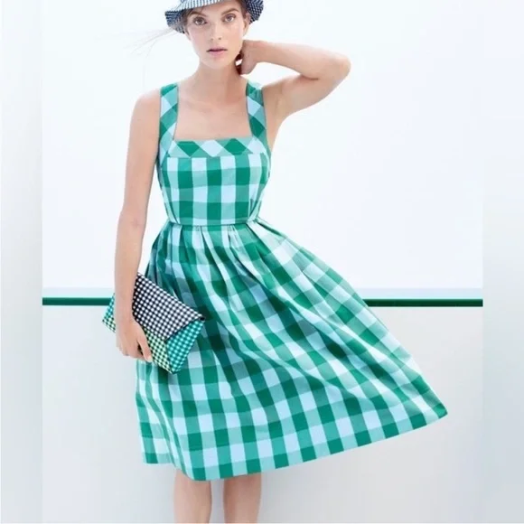 J. Crew | Dresses | J Crew Green And White Gingham Pleated Midi Sundress |  Poshmark